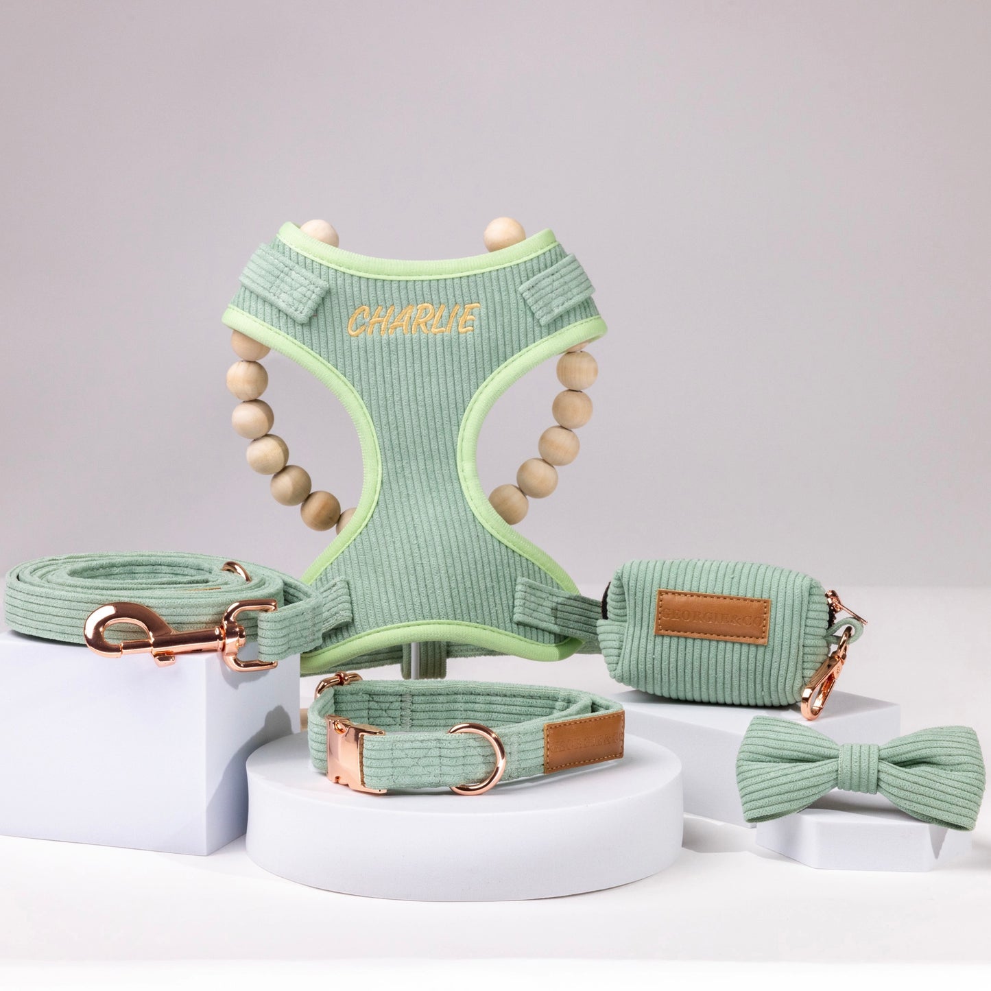 Keaton Luxury Green Corduroy Personalised Harness Set
