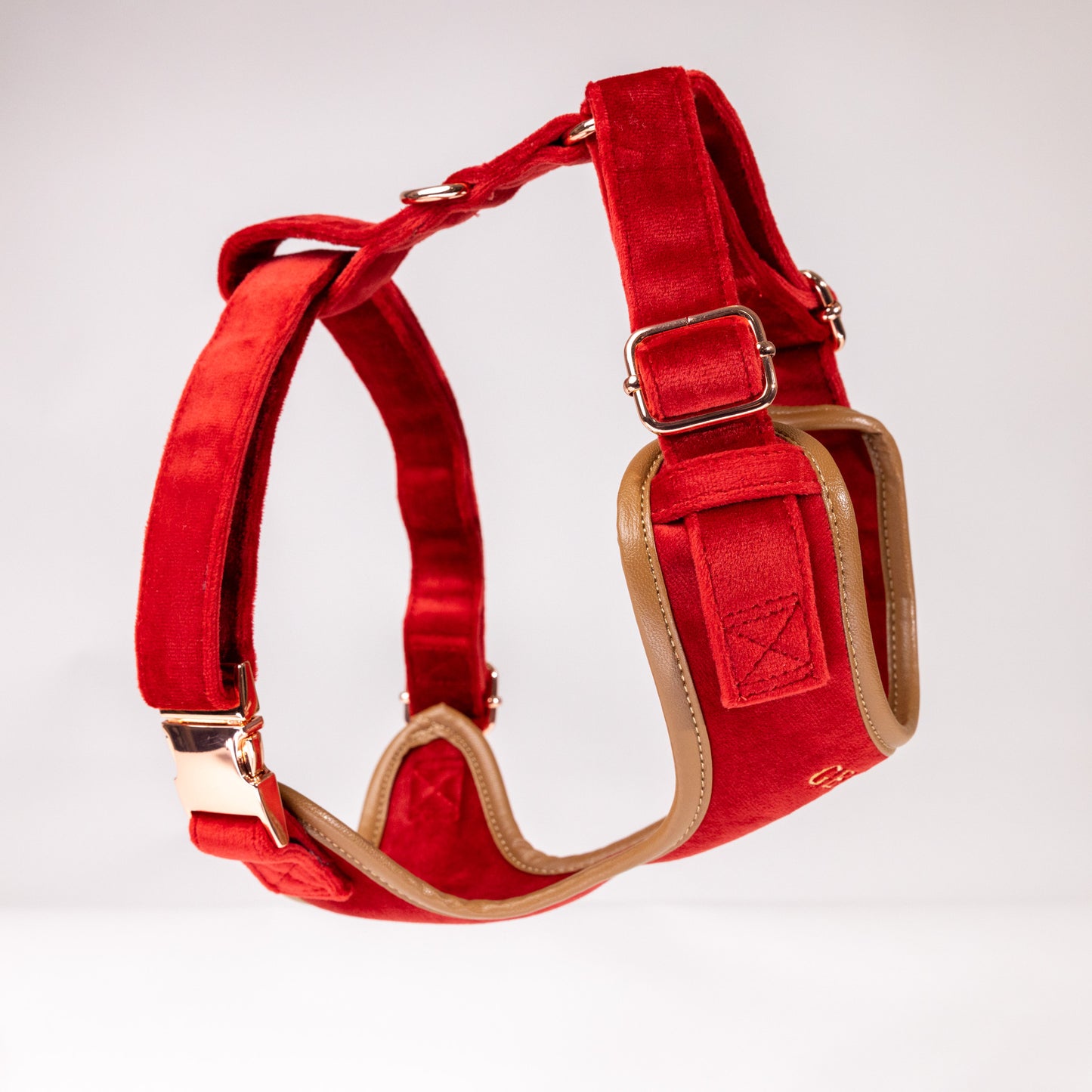 Sadie Velvet Red Luxury Harness with Brown Leather Trim