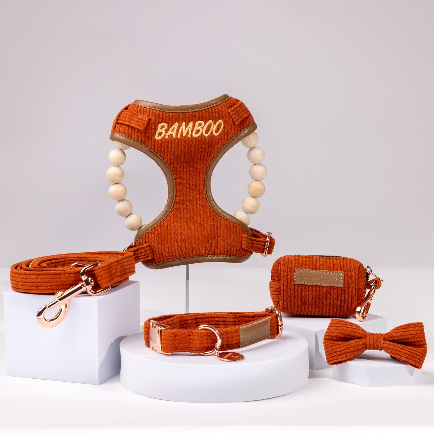 Hadley Luxury Rusty Orange Corduroy Personalised Harness Set with Leather Trim